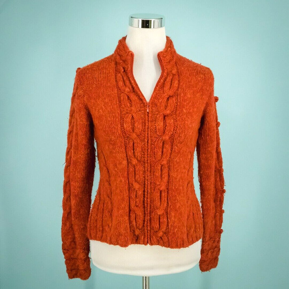 Icelandic Designs Size Small S Orange Cable Knit Pom Pom Wool Alpaca Cardigan - Picture 1 of 6